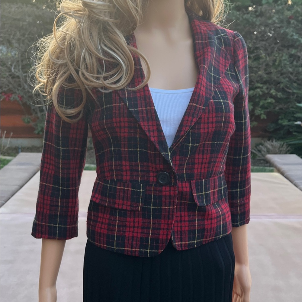 Forever 21 red, and black three-quarter sleeve plaid jacket